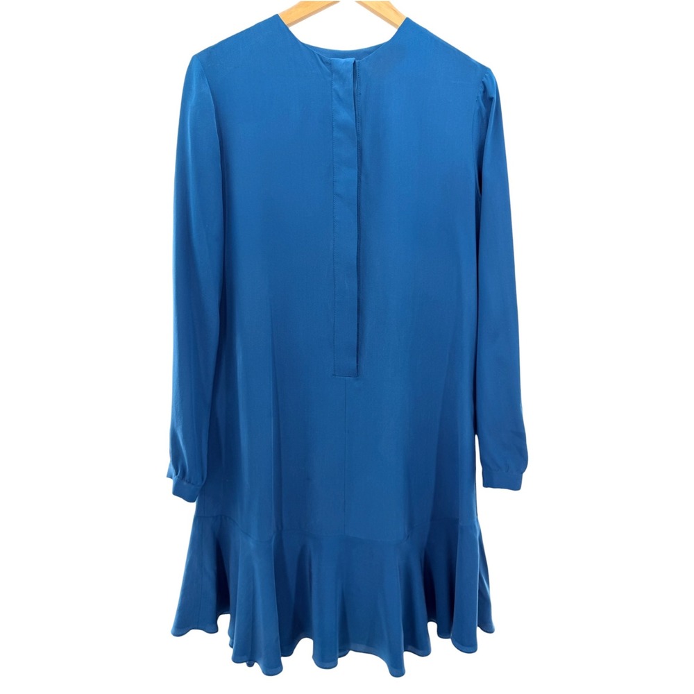 Iris &‎ Ink Blue 100% Silk Long Sleeve Flounce Hem Drop Waist Dress Button Front